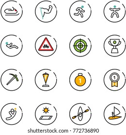 line vector icon set - snowmobile vector, power hand, run, gymnastics, abdominal muscles, road for moto sign, target, cup, job, pennant, gold medal, flying man, mat, kayak, windsurfing