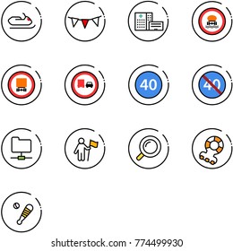line vector icon set - snowmobile vector, flag garland, hospital building, no dangerous cargo road sign, truck overtake, minimal speed limit, end, network folder, win, magnifier, teethers