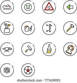 line vector icon set - snowmobile vector, dollar smile, round motion road sign, left arrow, win, bucket scoop, bezier, sledgehammer, pipe welding, paint roller, brush, teethers, cube toy