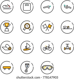 line vector icon set - snowmobile vector, floor scales, push ups, abdominal muscles, win cup, gold medal, flags cross, swimming, mat, windsurfing, bike, gyroscope, skateboard, piston