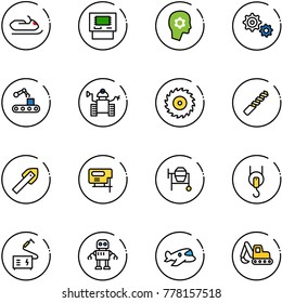 line vector icon set - snowmobile vector, atm, brain work, gear, conveyor, robot, saw disk, drill, tile, jig, cocncrete mixer, winch, welding, plane toy, excavator