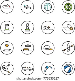 line vector icon set - snowmobile vector, abdominal muscles, basketball ball, target, chess tower, queen, swimming, mat, inflatable pool, cap, kayak, badminton, cabrio, boomerang, beach