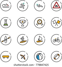 line vector icon set - snowmobile vector, run, abdominal muscles, road for moto sign, chess queen, gold cup, medal, flags cross, kayak, surfing, windsurfing, bike, skateboard, bow, basketball