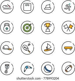 line vector icon set - snowmobile vector, floor scales, treadmill, run, weight, target, win cup, flags cross, cap, badminton, windsurfing, skateboard, piston, boomerang, ball, football