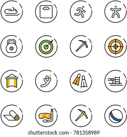line vector icon set - snowmobile vector, floor scales, run, gymnastics, weight, target, job, pennant, flying man, flippers, pool, mat, diving, axe, ball