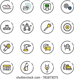 line vector icon set - snowmobile vector, MRI, ATM, gear, conveyor, robot, wood drill, saw disk, Angular grinder, machine tool, concrete mixer, generator, winch, excavator toy