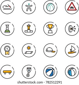 line vector icon set - snowmobile vector, gymnastics, basketball ball, road for moto sign, chess queen, winner, win cup, solution, gold medal, mat, cap, windsurfing, skateboard, piston, beach