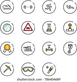 line vector icon set - snowmobile vector, barbell, run, abdominal muscles, basketball ball, road for moto sign, chess queen, winner, gold medal, pool, gyroscope, piston, axe, protective glasses