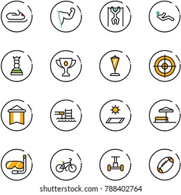 line vector icon set - snowmobile vector, power hand, pull ups, abdominal muscles, chess queen, gold cup, pennant, target, pool, mat, inflatable, diving, bike, gyroscope, football