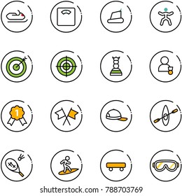 line vector icon set - snowmobile vector, floor scales, treadmill, gymnastics, target, chess queen, winner, gold medal, flags cross, cap, kayak, badminton, surfing, skateboard, protective glasses
