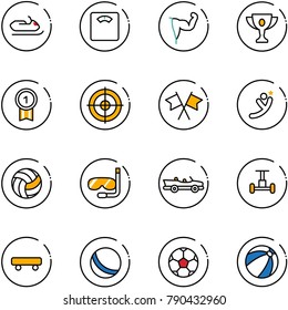 line vector icon set - snowmobile vector, floor scales, power hand, gold cup, medal, target, flags cross, flying man, volleyball, diving, cabrio, gyroscope, skateboard, ball, soccer, beach