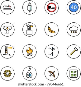 line vector icon set - snowmobile vector, drop counter, no trailer road sign, minimal speed limit, gold cup, win, banana, rain cloud, lighthouse, fire, bezier, sledgehammer, nut, yoyo, bow