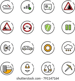 line vector icon set - snowmobile vector, coin, safe, landslide road sign, gravel, limited distance, shield, pause, solution, limousine, sun, rain cloud, hotel, swimsuit, life vest, axe