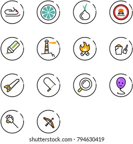 line vector icon set - snowmobile vector, lemon slice, onion, no dangerous cargo road sign, highlight marker, lighthouse, fire, bucket scoop, saw, fretsaw, magnifier, balloon smile, horse stick toy