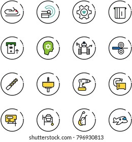 line vector icon set - snowmobile vector, mri, heart gear, atm, brain work, robot, steel rolling, drill, crown, machine tool, jig saw, cocncrete mixer, winch, plane toy