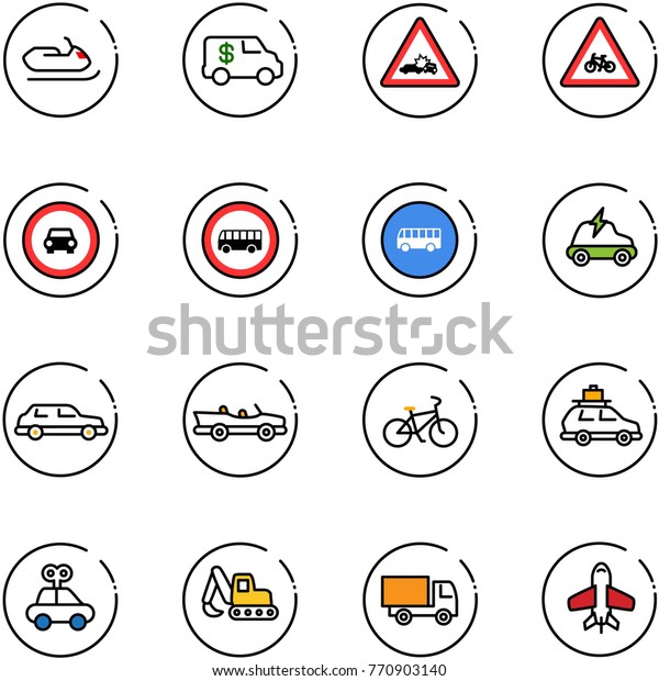line vector icon\
set - snowmobile vector, encashment car, crash road sign, for moto,\
no, bus, electric, limousine, cabrio, bike, baggage, toy,\
excavator, truck, plane