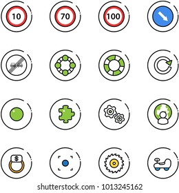 line vector icon set - speed limit 10 vector road sign, 70, 100, detour, end overtake, friends, lifebuoy, reload, record, puzzle, gears, man globe, finger ring, button, saw disk, baby car