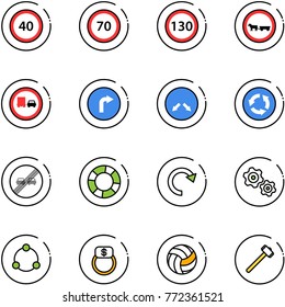 line vector icon set - speed limit 40 vector road sign, 70, 130, no cart horse, truck overtake, only right, detour, circle, end, lifebuoy, redo, gears, community, finger ring, volleyball