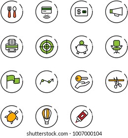 line vector icon set - spoon and fork vector, tap pay, credit card, loudspeaker, printer, target, piggy bank, office chair, flag, chart point arrow, key hand, opening, sea turtle, air balloon