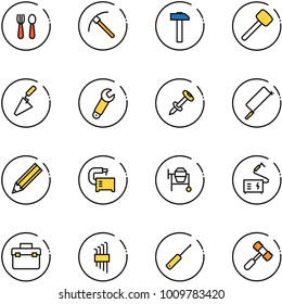 line vector icon set - spoon and fork vector, rock axe, hammer, rubber, trowel, wrench, nail dowel, metal hacksaw, pencil, machine tool, cocncrete mixer, welding, box, allen key set, awl, toy