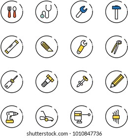 line vector icon set - spoon and fork vector, stethoscope, wrench, hammer, level, work knife, plumber, screwdriver, bolt, nail dowel, pencil, drill, lawn mower, laser lever, allen key set