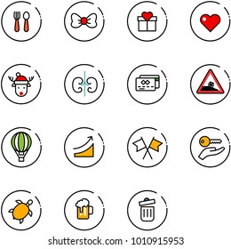 line vector icon set - spoon and fork vector, bow, gift, heart, christmas deer hat, kidneys, credit card, steep roadside road sign, air balloon, rise, flags cross, key hand, sea turtle, beer