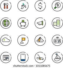 line vector icon set - spoon and fork vector, banana, dollar, money search, globe, piggy bank, speaker horn, building, cloud, flag, tent, joystick wireless, terms plan, mobile phone, lawn mower