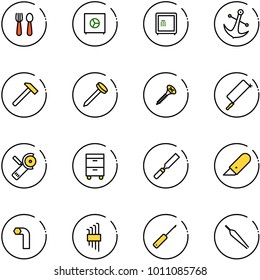 line vector icon set - spoon and fork vector, safe, anchor, hammer, nail, screw, metal hacksaw, Angular grinder, tool cabinet, rasp, work knife, allen key, set, awl, forceps