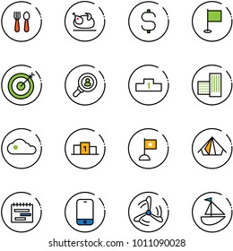 line vector icon set - spoon and fork vector, turkey, dollar sign, flag, target, head hunter, pedestal, building, cloud, tent, terms plan, mobile phone, wind mill, sailboat toy