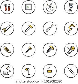 line vector icon set - spoon and fork vector, safe, anchor, piston, saw, hammer, chisel, clamp, work knife, screw, Angular grinder, welding, allen key, set, forceps