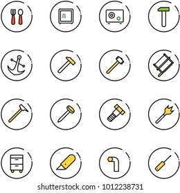 line vector icon set - spoon and fork vector, safe, work, anchor, hammer, sledgehammer, bucksaw, mason, nail, bolt, wood drill, tool cabinet, knife, allen key, awl