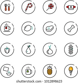 line vector icon set - spoon and fork vector, lollipop, candy, tea, lemon, meat, broken bone, sweet pepper, pear, onion, spica, cereal, green, pineapple, ice cream