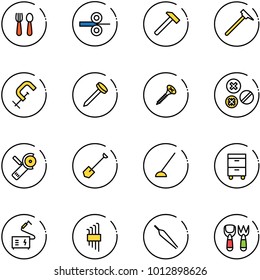 line vector icon set - spoon and fork vector, steel rolling, hammer, mason, clamp, nail, screw, rivet, Angular grinder, shovel, hoe, tool cabinet, welding, allen key set, forceps, toy