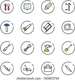 line vector icon set - spoon and fork vector, diagnostic monitor, highlight marker, bezier, hammer, saw, bucksaw, measuring tape, chisel, wrench, drill, shovel, soldering iron, lawn mower, tool box