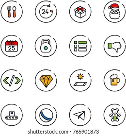 line vector icon set - spoon and fork vector, 24 hours, gift, santa claus, 25 dec calendar, weight, menu, dislike, tag code, diamond, mat, beer, conveyor, ball, paper plane, bear toy