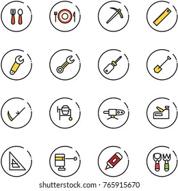 line vector icon set - spoon and fork vector, plate, job, ruler, wrench, screwdriver, shovel, scythe, cocncrete mixer, pipe welding, stapler, corner, laser lever, marker, toy
