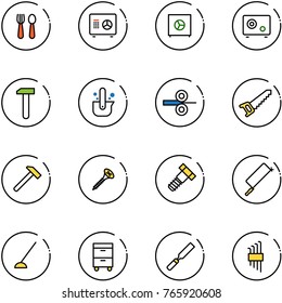 line vector icon set - spoon and fork vector, safe, work, casting of steel, rolling, saw, hammer, screw, bolt, metal hacksaw, hoe, tool cabinet, rasp, allen key set