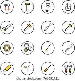 line vector icon set - spoon and fork vector, work, piston, casting of steel, saw, hammer, chisel, nail, nut, rivet, hoe, rasp, knife, allen key, awl, shovel toy