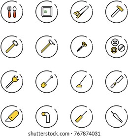 line vector icon set - spoon and fork vector, safe, saw, hammer, sledgehammer, mason, screw, rivet, wood drill, shovel, hoe, rasp, work knife, allen key, awl, forceps