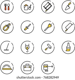 line vector icon set - spoon and fork vector, bucket scoop, bucksaw, trowel, side cutters, clinch, wood drill, metal hacksaw, rake, winch, paint roller, brush, construction helmet, tool box
