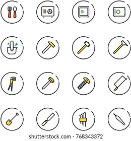 line vector icon set - spoon and fork vector, safe, casting of steel, hammer, sledgehammer, mason, plumber, nail, screw, metal hacksaw, shovel, rasp, allen key set, forceps