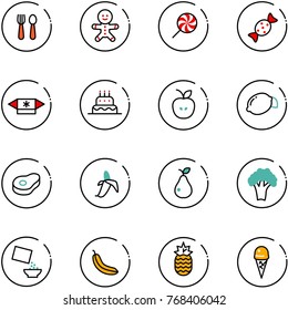 line vector icon set - spoon and fork vector, cake man, lollipop, candy, apple, lemon, meat, banana, pear, broccoli, cereal, pineapple, ice cream