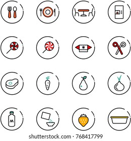 line vector icon set - spoon and fork vector, plate, cafe, coffee machine, lollipop, candy, santa stick, meat, carrot, pear, onion, milk, cereal, strawberry, basin