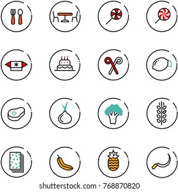 line vector icon set - spoon and fork vector, cafe, lollipop, candy, cake, santa stick, lemon, meat, onion, broccoli, spica, breads, banana, pineapple, sickle