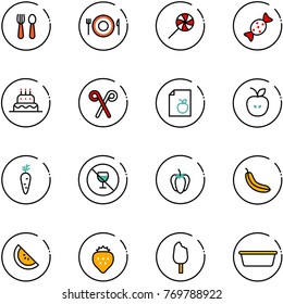 line vector icon set - spoon and fork vector, plate, lollipop, candy, cake, santa stick, diet list, apple, carrot, no alcohol sign, sweet pepper, banana, watermelone, strawberry, ice cream, basin