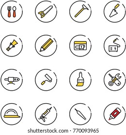line vector icon set - spoon and fork vector, saw, mason hammer, trowel, dowel, pencil, generator, welding, pipe, paint roller, brush, wrench screwdriver, construction helmet, gun sealant, forceps