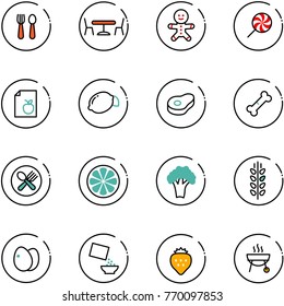 line vector icon set - spoon and fork vector, cafe, cake man, lollipop, diet list, lemon, meat, broken bone, plate, slice, broccoli, spica, eggs, cereal, strawberry, grill