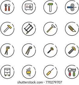 line vector icon set - spoon and fork vector, safe, work, steel rolling, hammer, bucksaw, mason, knife, plumber, screw, tool cabinet, allen key set, awl, shovel toy