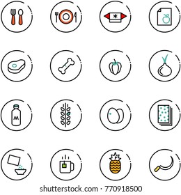 line vector icon set - spoon and fork vector, plate, candy, diet list, meat, broken bone, sweet pepper, onion, milk, spica, eggs, breads, cereal, green tea, pineapple, sickle