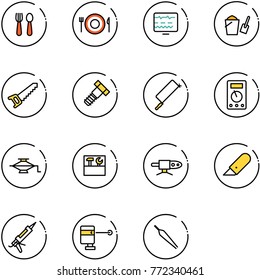 Line Vector Icon Set - Spoon And Fork Vector, Plate, Diagnostic Monitor, Bucket Scoop, Saw, Bolt, Metal Hacksaw, Multimeter, Jack, Tool Box, Pipe Welding, Work Knife, Gun Sealant, Laser Lever